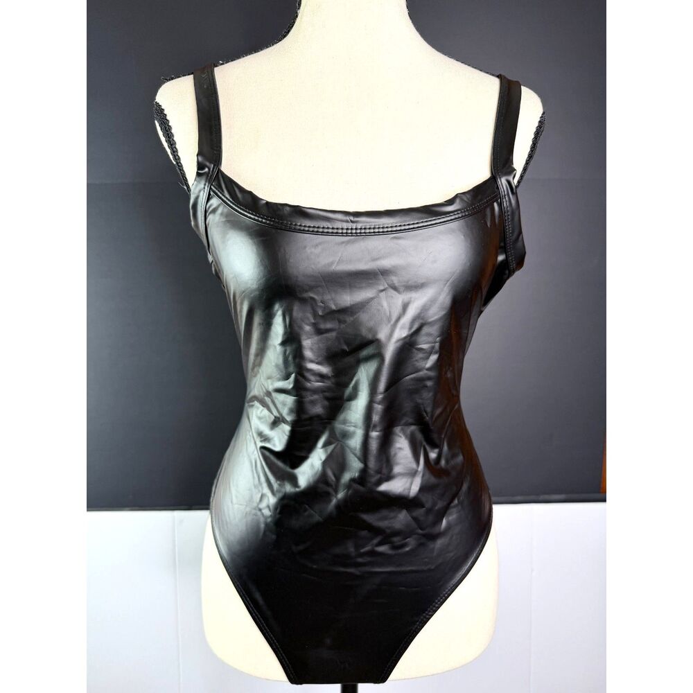 Y2K Black Wet Look Bodysuit Hight Cut Leather Look Size Large Festival EUC